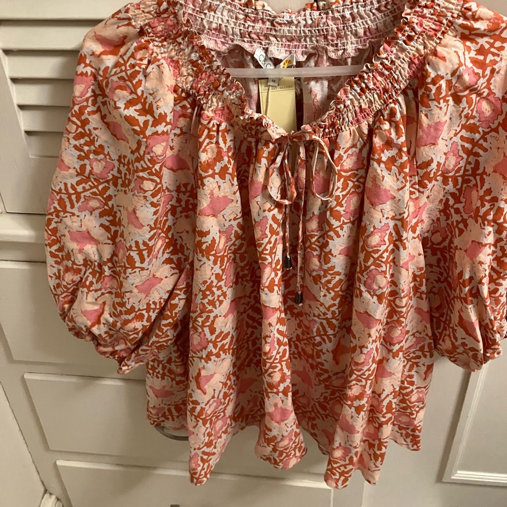 C&C California Pink & Orange Floral Smocked Peasant Blouse
